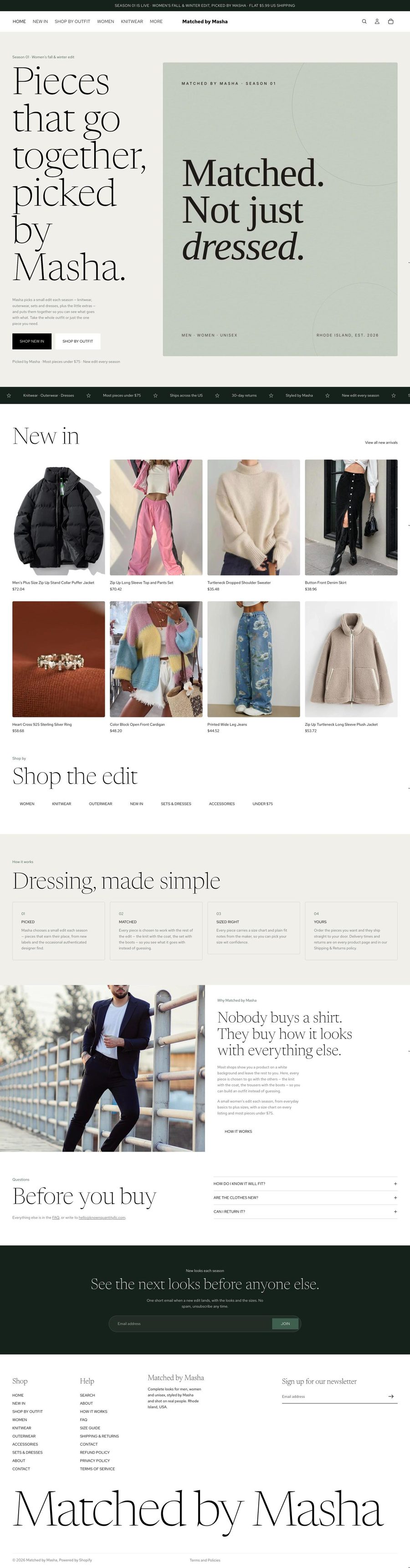 The full Matched by Masha home page: Season 01 hero, new arrivals, shop the edit, how it works, questions and footer